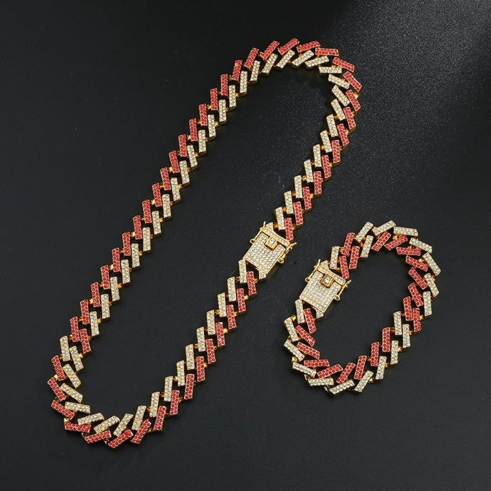 18K Gold Plated Iced Out CZ Crystal Cuban Link Chain with Bracelet SET - Picture 3 of 7